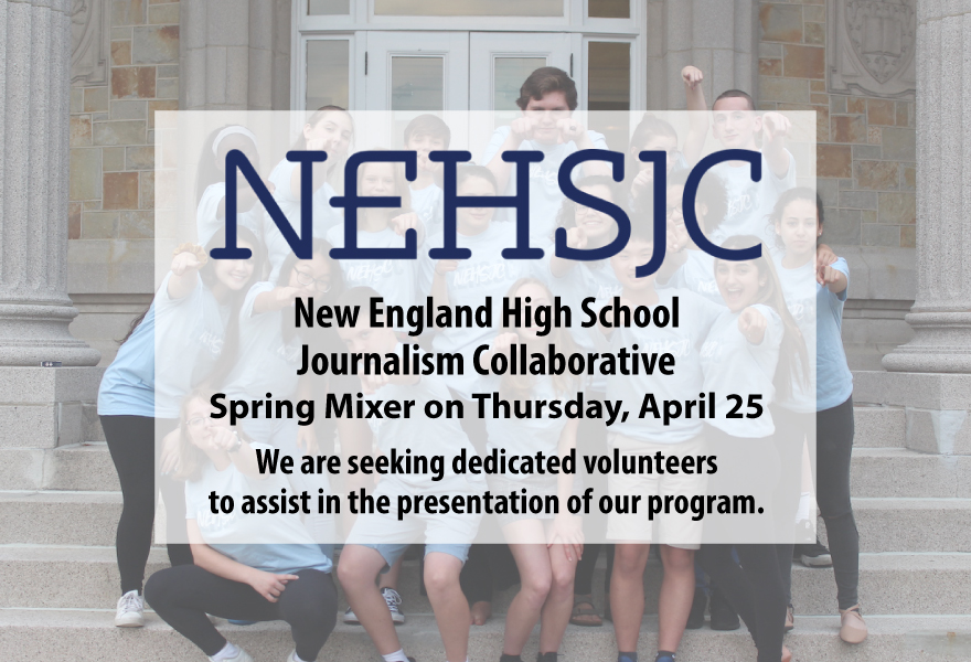 NEHSJC1's tweet photo. Want to help future journalists? We are seeking volunteers! Join us at our Spring Mixer on April 25th to learn more about the program and continue Carole C. Remick's legacy. Learn more at https://t.co/K7Ffa4Ka7v. https://t.co/rDzuIHU7mB