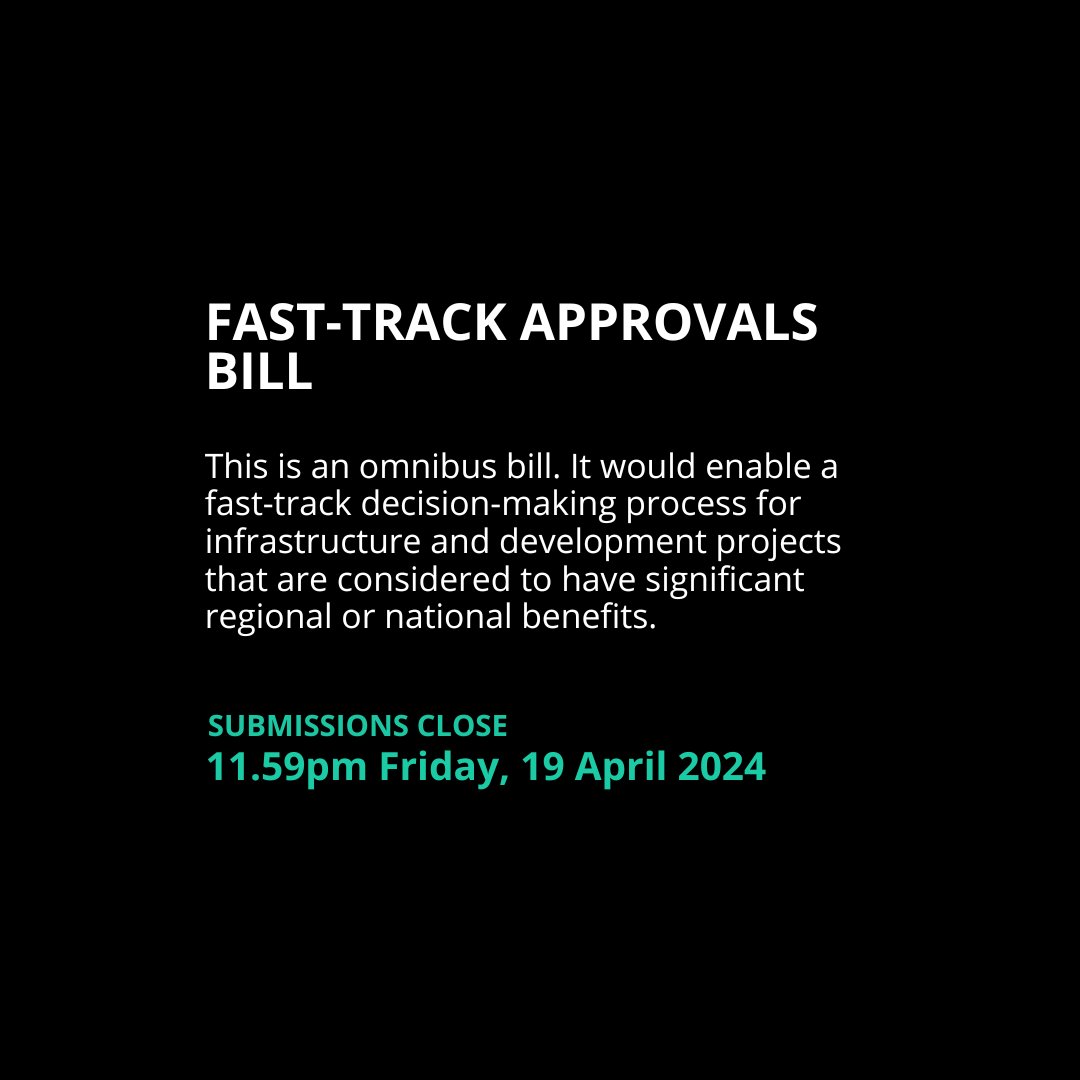 Submissions close in 1 week for the Fast-track Approvals Bill. The bill would establish a separate process for several approvals under different legislation - read more here: bit.ly/4ad3TZV Have your say before Friday, 19 April at 11.59pm.