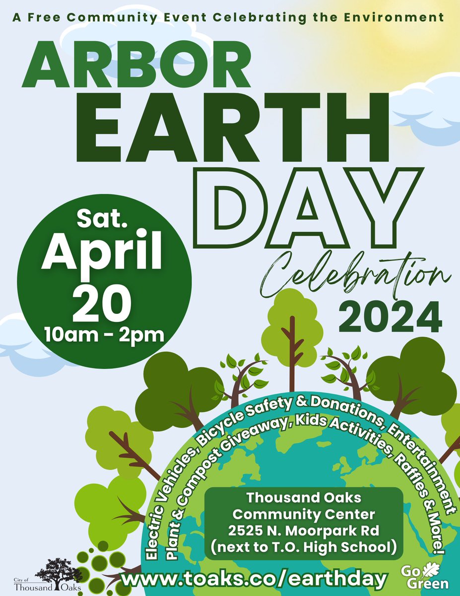 Mark your calendars! Arbor Earth Day Celebration Saturday, April 20th 🌎 10:00 a.m. - 2:00 p.m.  Thousand Oaks Community Center (next to T.O. High School) 2525 N. Moorpark Rd., Thousand Oaks More info: toaks.org/departments/pu…