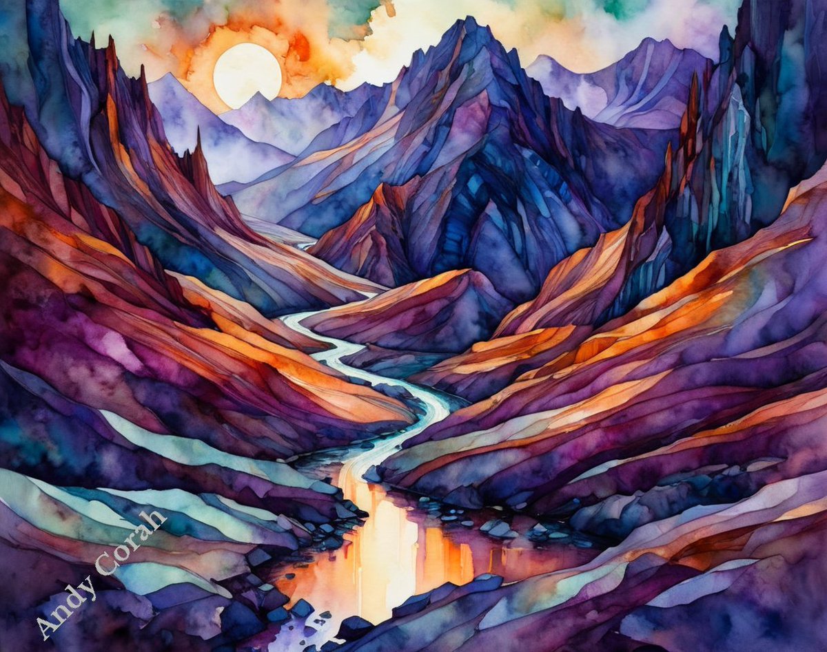 In the desert's embrace, a watercolour dream unfolds, Where alien suns bathe mountains in hues bold #fridaymorning #fridayfeeling #fridayvibes #friday #country #image #aiart #art #ai #digitalart #illustration #aiartwork #aiartworks #painting #abstract #aiartist #watercolor #GM🙂