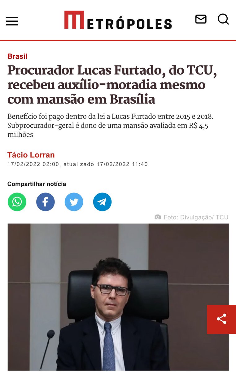 É este o cara que pediu a extinção do X no Brasil e o fim dos contratos da união com Elon Musk. Mesmo morando em uma mansão no Lago Sul,o subprocurador-geral do MP junto ao Tribunal de Contas da União recebeu,entre os anos de 2015 e 2018,mais de R$ 200 mil em auxílio-moradia.