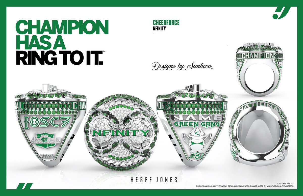 GREEN GANG GET LIT! 

Congratulations <a href="/CheerForceSD/">CheerForce San Diego</a> <a href="/cf__nfinity/">CheerForce Nfinity</a>,  
2024 NCA Allstar National Champions! 

#DBSchamprings #designsbysantwon #hjchamprings #herffjones #evolvechamprings #championshiprings #champrings #nationalchampions #4KenRod