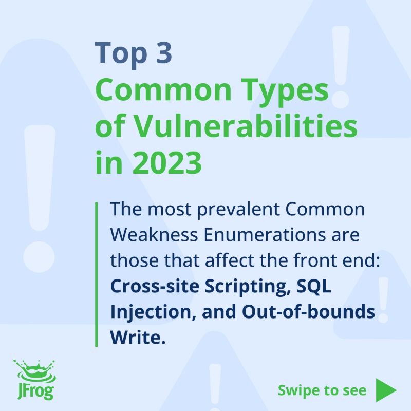 jfrog's tweet photo. "Within the vulnerabilities identified in 2023, by far the most prevalent Common Weakness Enumerations are those that affect the front end."

Download the full JFrog #SoftwareSupplyChain State of the Union 2024 report for more insights: https://t.co/wrJVhEyUH8