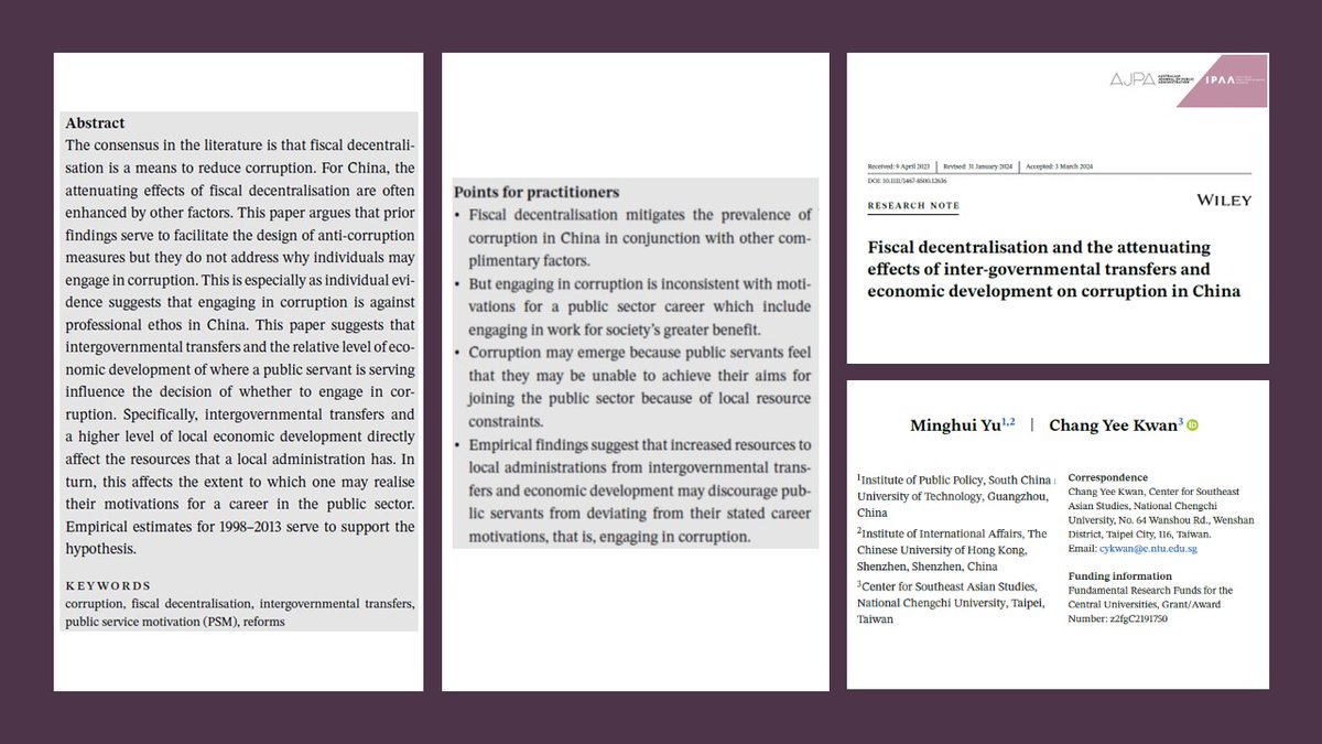 📣🆕Early view❗️ Does #FiscalDecentralisation reduce #corruption❓ Minghui Yu & Chang Yee Kwan find that the link might not be straightforward in 🇨🇳 but is subject to various complementing factors 👇 onlinelibrary.wiley.com/doi/full/10.11…