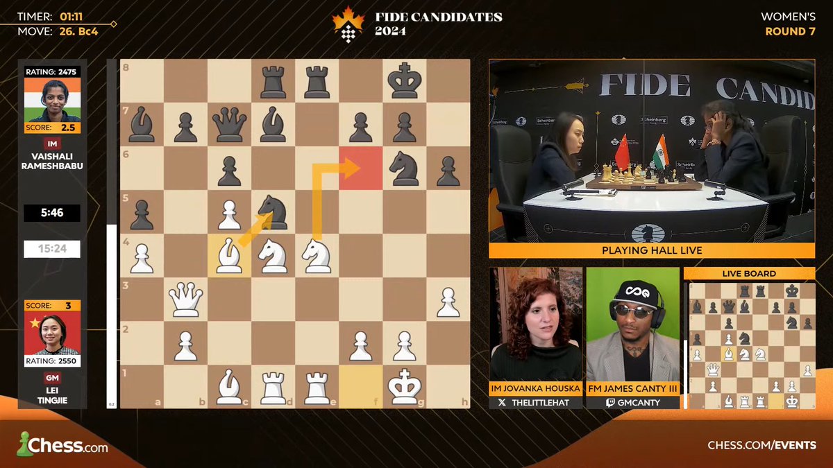 Lei Tingjie is posing some threats for Vaishali, especially on the clock! 😱

twitch.tv/chess
#chess #womeninchess #FIDECandidates