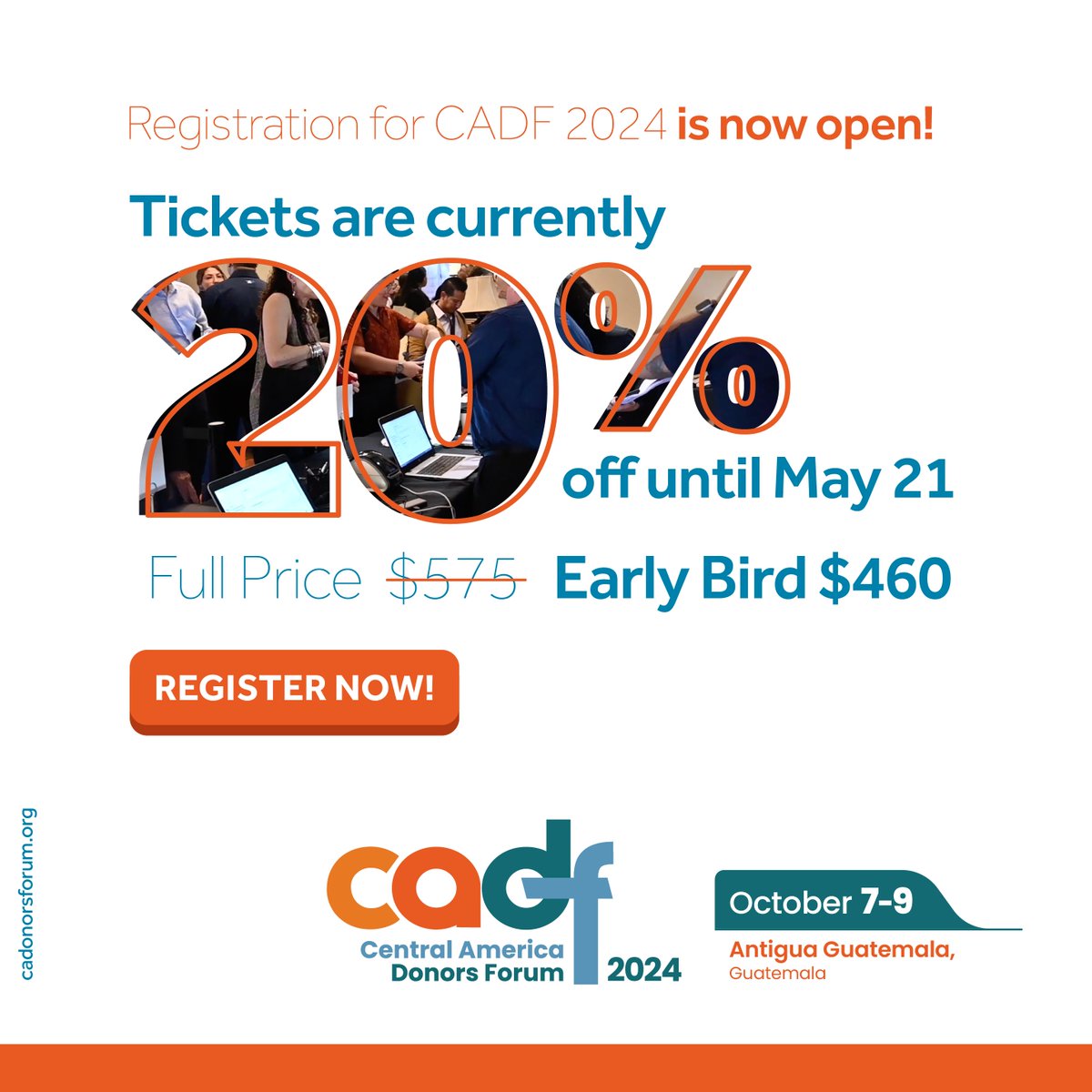 ¡Ya está abierta la inscripción para el #CADF2024!
Asegura tu lugar en el Foro Centroamericano de Donantes 2024 y sé parte de este encuentro regional único para forjar las alianzas transformadoras en Centroamérica.
Compra tu ticket con 20% de descuento hasta antes del 21 de mayo.