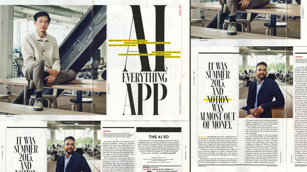Incredible spread on @NotionHQ from @Forbes' @kenrickcai. From the initial vision when @ivanhzhao first pitched @joshk & the First Round partnership back in 2013 to the team's current ambitions and AI focus, it traces the company's trajectory—and all that's still to come. ✨