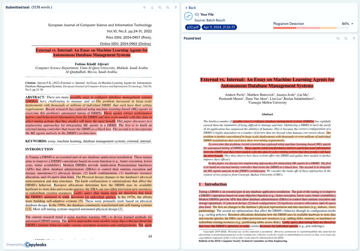 Somebody tipped me off that a 2022 paper out of Saudia Arabia blatantly stole our entire 2019 ICDE Bulletin survey paper on using ML automatically optimize databases. + 2022 Plagiarism: eajournals.org/ejcsit/vol10-i… + 2019 Original: db.cs.cmu.edu/papers/2019/pa…