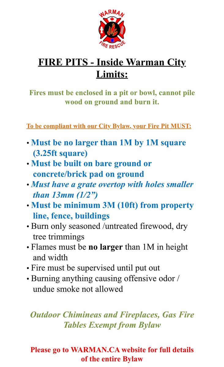 FIRE BAN in the RM of CORMAN PARK effective 9am tomorrow (Fri April 12). This ban does not extend into Warman City limits at this time as long as your fire pit follows the attached guidelines for the Bylaw. Be Fire Safe!