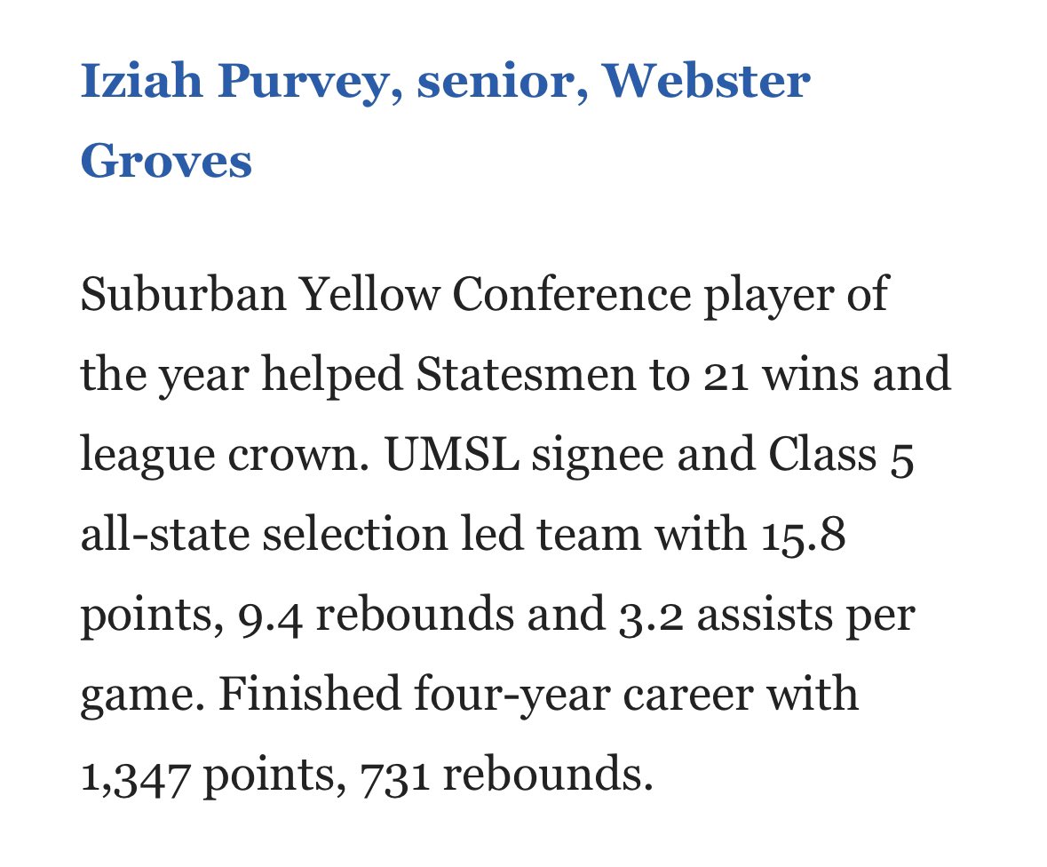 Congrats to @IziahPurvey on his selection to the @STL_SportsNews All-Metro team! Prestigious honor to cap a great career. #TTW #TheTraditionContinues