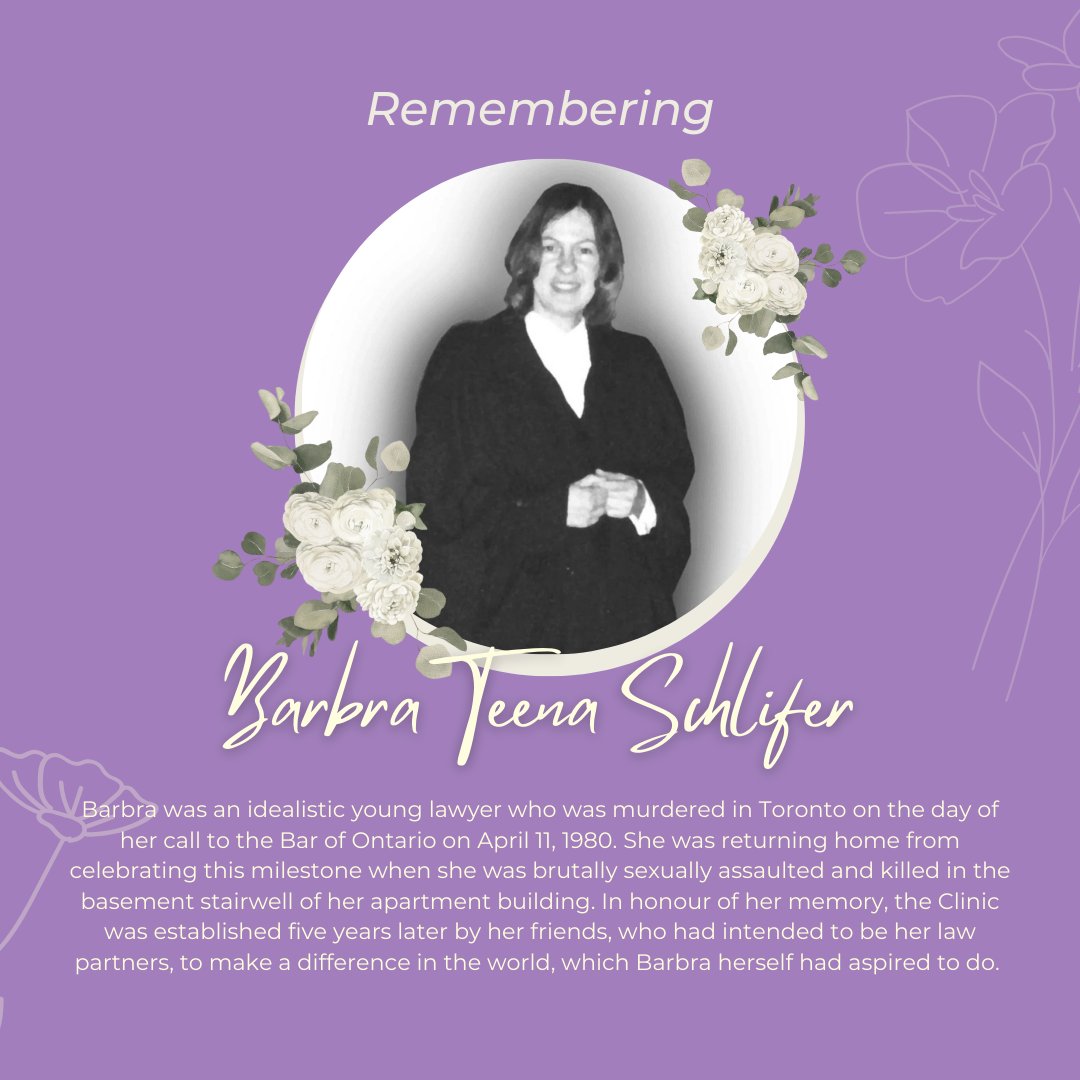 Today, we commemorate the 44th anniversary of the death of Barbra Schlifer, who was murdered on the same day of her call to the Ontario Bar. Five years later, her friends founded Barbra Schlifer Commemorative Clinic to support women and gender-diverse people impacted by violence.