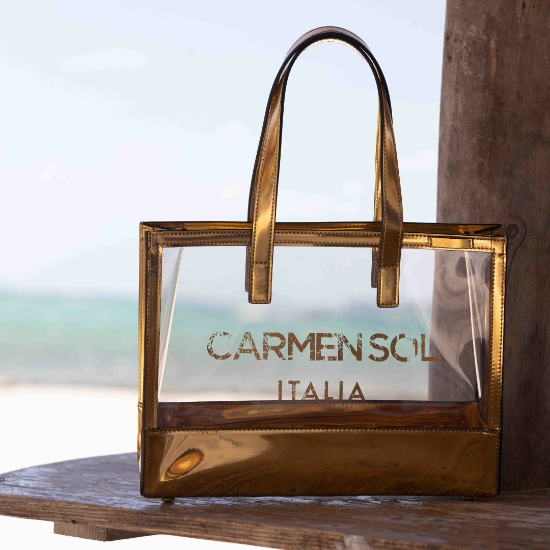 Waterproof Venezia mini clear tote bag in Gold! #carmensol #vegan #sustainable #waterproof #clearbag #totebag