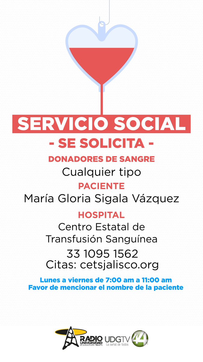 #ServicioSocial🩸 Se solicitan donadores de sangre de cualquier tipo para la paciente Maria Gloria Sigala Vázquez. ☎️Comunícate al 33 10 95 15 62 si deseas donar 👇🏻