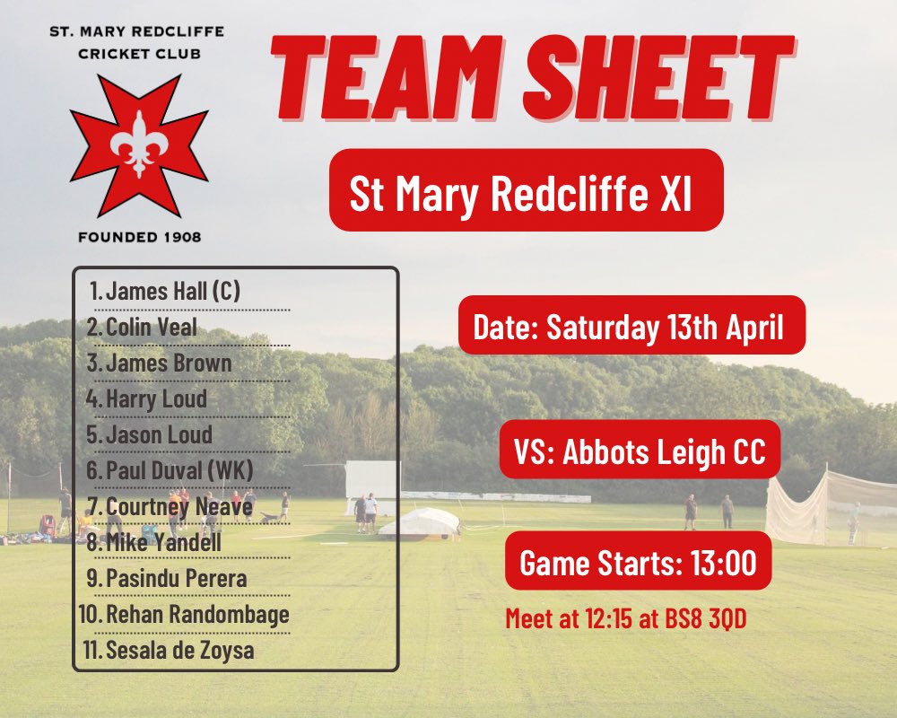 Cricket is back! Here’s how we line up for our first game of the season, a friendly against @AbbotsLeighCC #UpTheReds