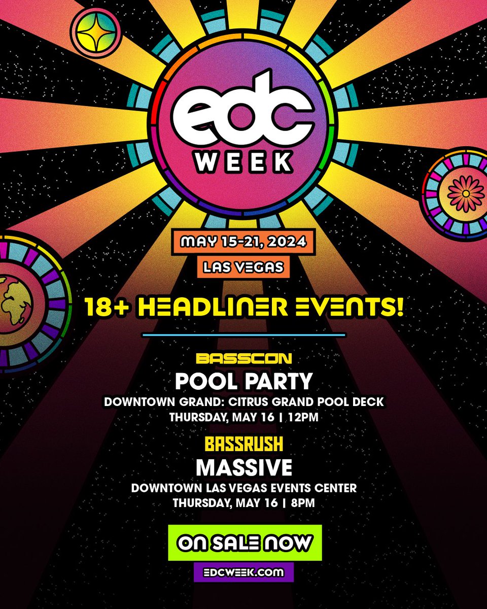 The fun doesn't stop when you're under 21. 😎 Here are your @EDC__Week Headliner Events for 18+ 👇 🔆 @Basscon Pool Party at @Downtown_Grand - May 16 | 12PM 🌙 @bassrush Massive at @DLVEC - May 16 | 8PM