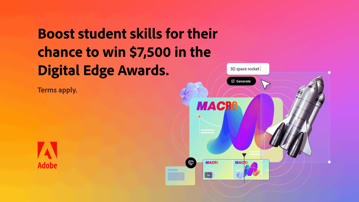 Teachers, inspire your students to enter the Digital Edge Awards! 🏆 Celebrating student projects created with Adobe Creative Cloud Apps, the Digital Edge Awards gives your learners a chance to shine. Submissions open February 15, 2024 👉 adobe.ly/3VMJ2bO