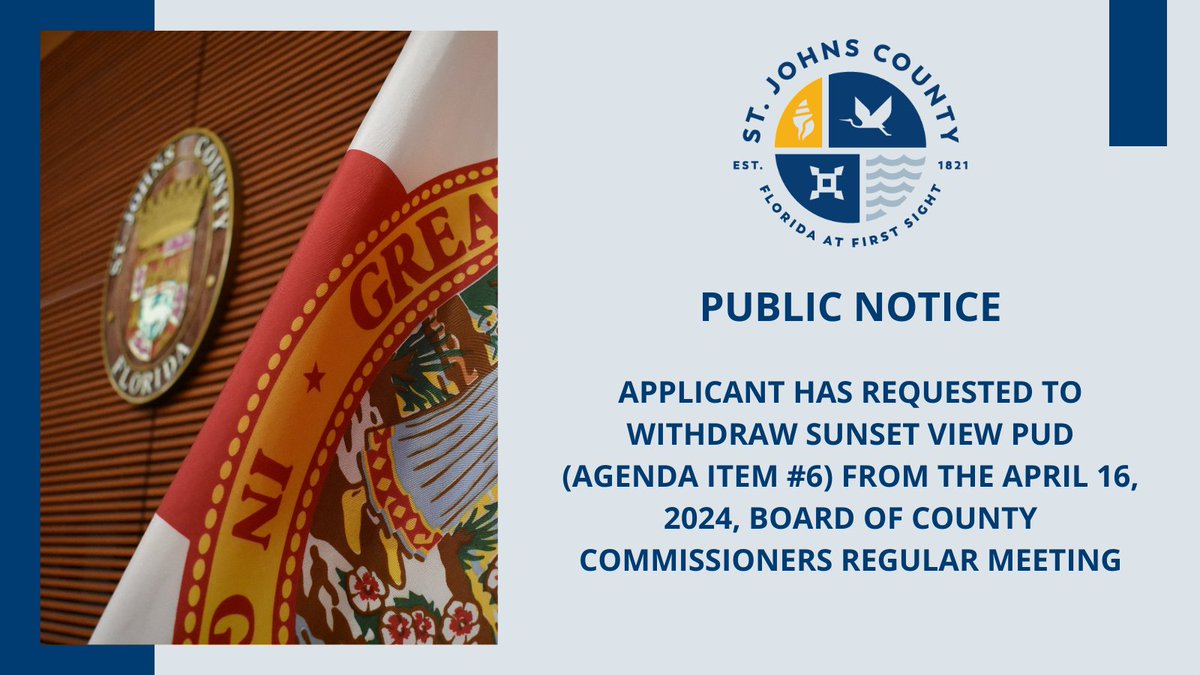 🏛️ The applicant has requested to withdraw PUD 2025-15 Sunset View PUD, an advertised public hearing item. Section 9.00.03 of the Land Development Code (LDC) requires the BOCC to approve the withdrawal of this application. 🌐 Full story: bit.ly/43YHpKu #MYSJCFL