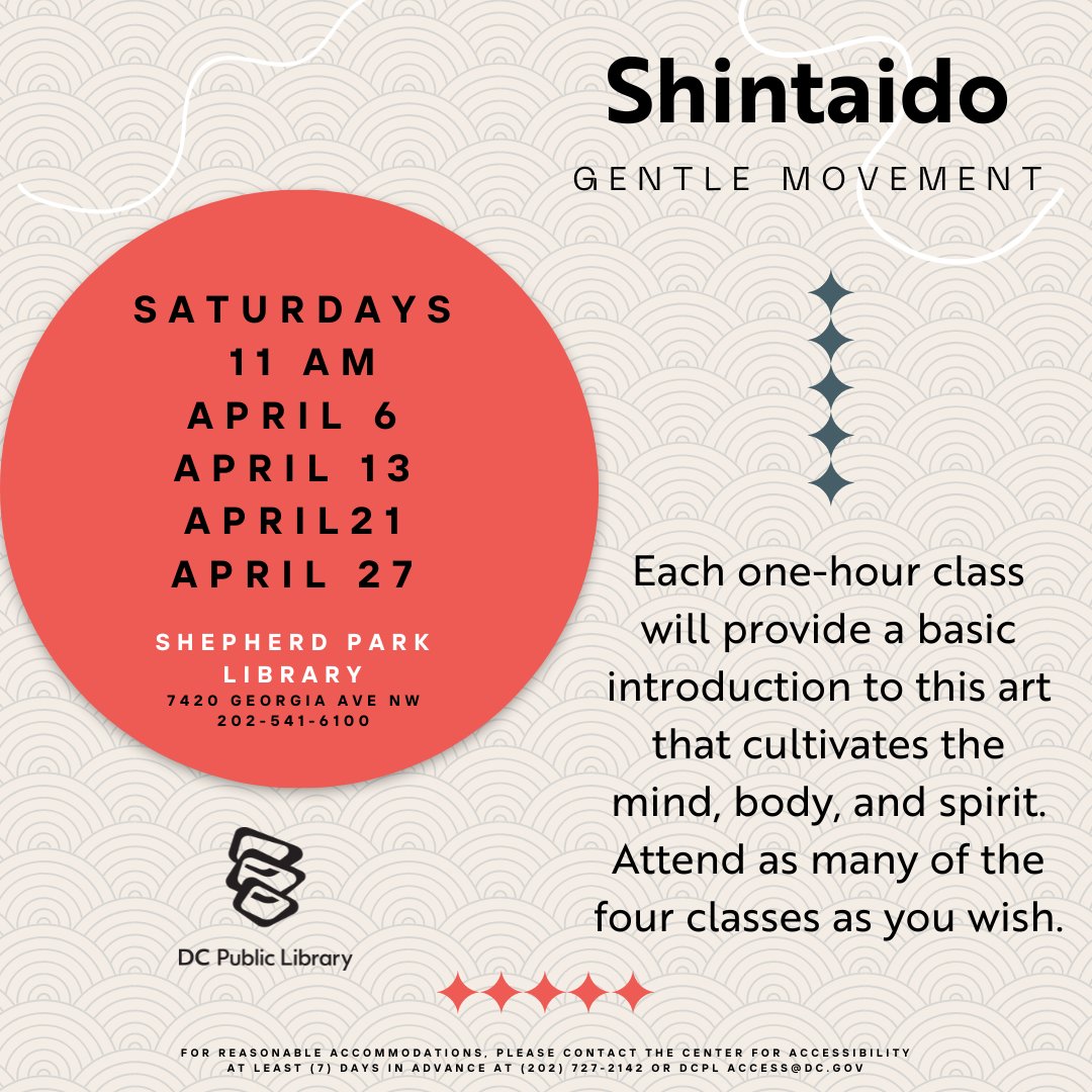 🌸✨ Dive into the serene world of Shintaido! Join the Shepherd Park Library on Saturday, April 13, from 11:00am to 12:00pm for a one-hour class exploring the Japanese art of Shintaido. Experience gentle movements that nurture self-care and promote harmony with others.