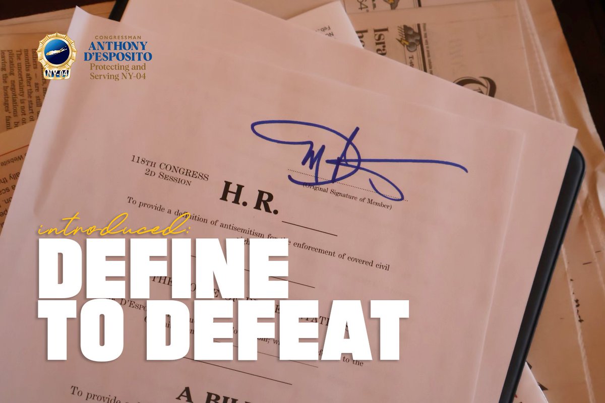 🚨BREAKING: Today, I was proud to Introduce the Define to Defeat Act. This bill will apply @TheIHRA’s working definition of antisemitism to current federal civil rights laws. Jewish Americans deserve the same protection against discrimination as everyone else.