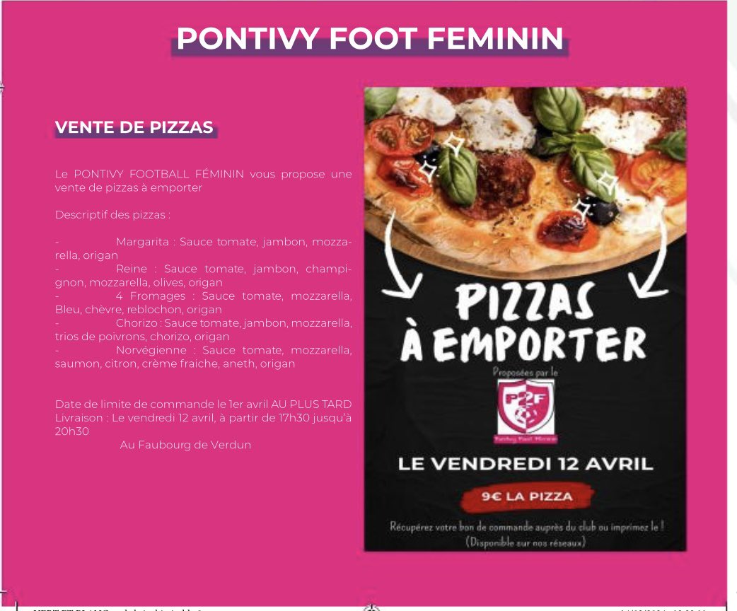 Demain vendredi 
Vente de pizzas organisée par le @FemininP2f 
À vos commandes 
@EricLebail @GSIPontivy @StadePontivyen