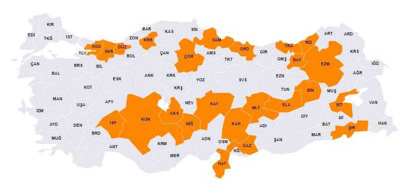 AK Parti’nin kazanabildiği iller haritası