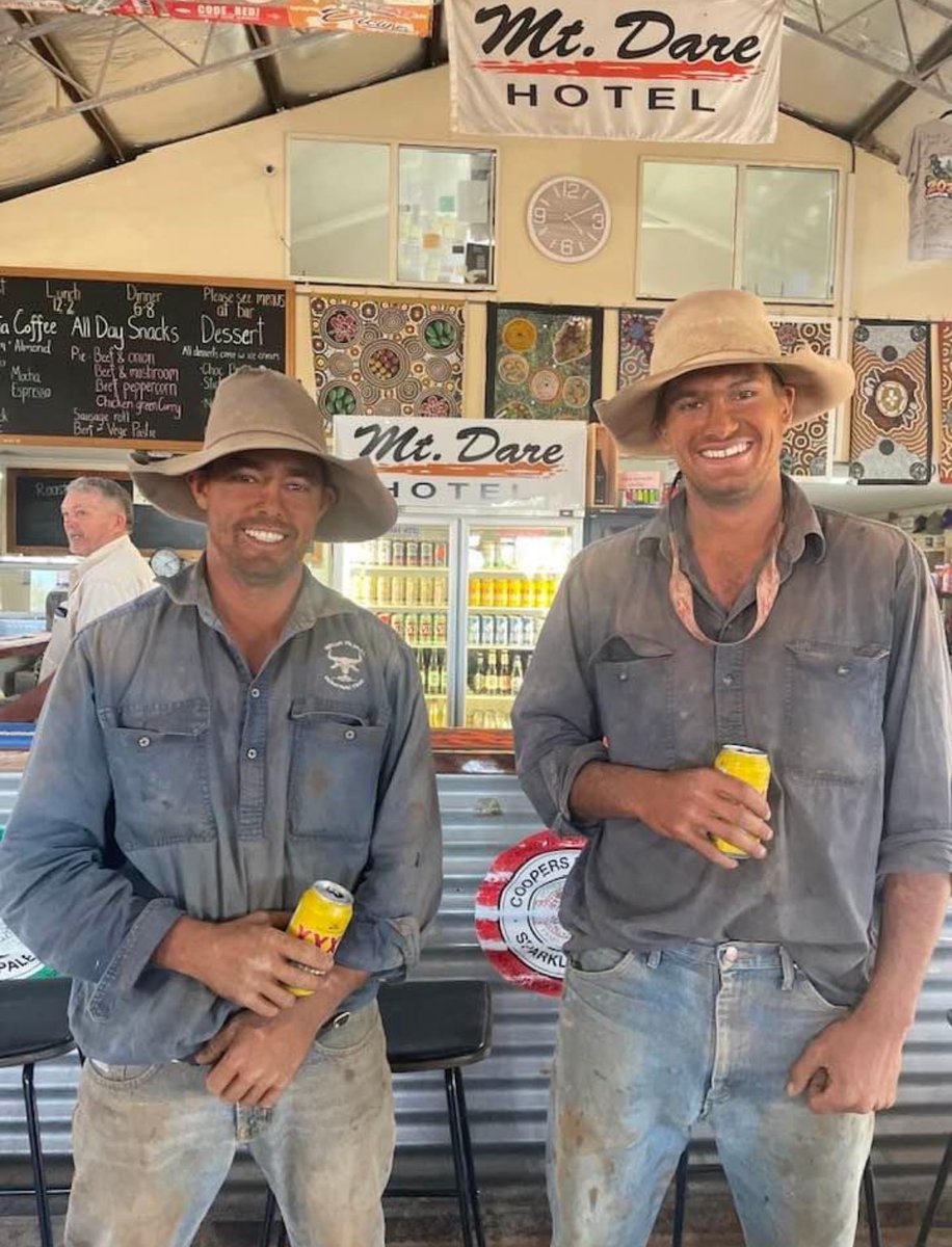 Local ringers from New Crown Station enjoying a coldy after a hard day mustering! C/o Mt Dare Hotel at Witjira near the SA/NT border… #rftte #australia