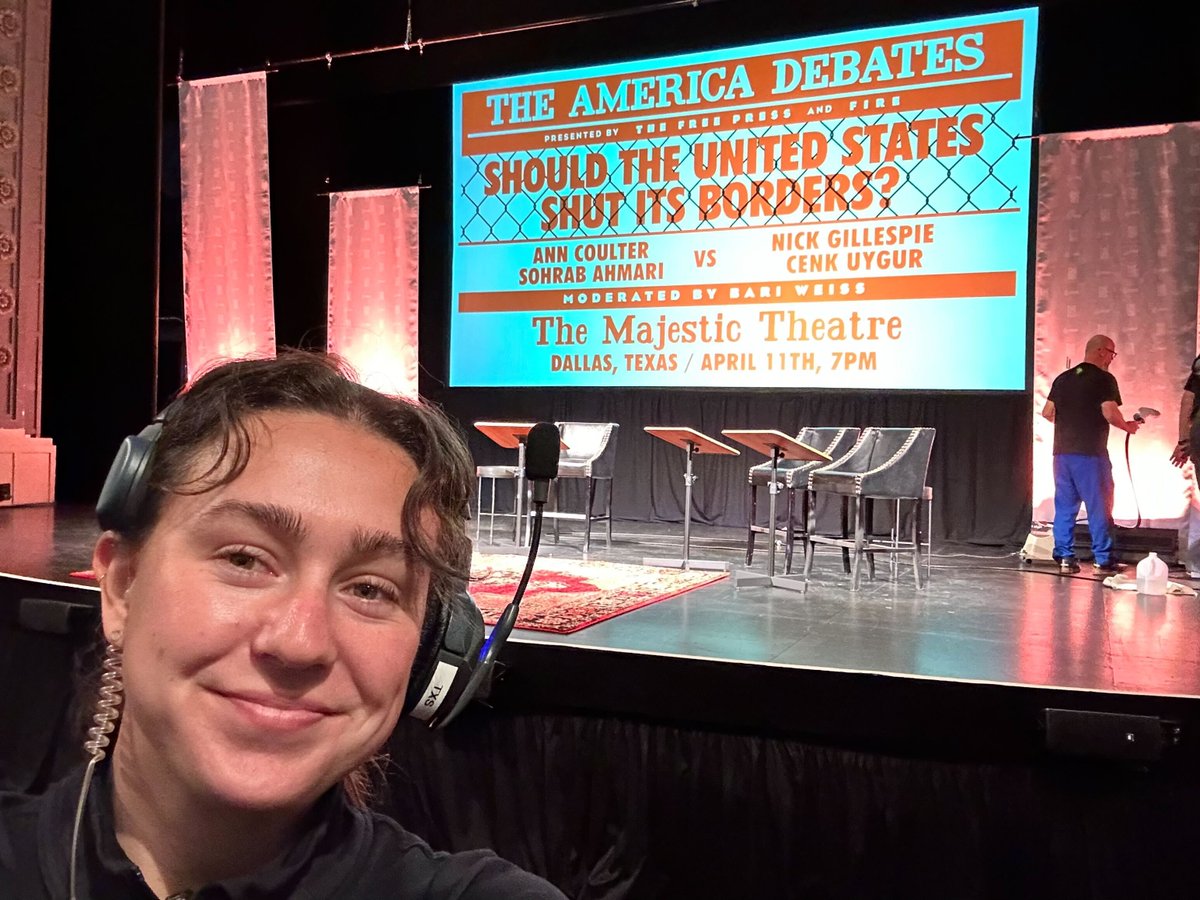 TheFP's tweet photo. Our production team is putting the finishing touches on the set of our border debate. @AnnCoulter, @SohrabAhmari, @nickgillespie, and @cenkuygur are about to take the stage in Dallas! #TheAmericaDebates #BorderDebate #TheFPDebates https://t.co/N7Ju3G4uLH
