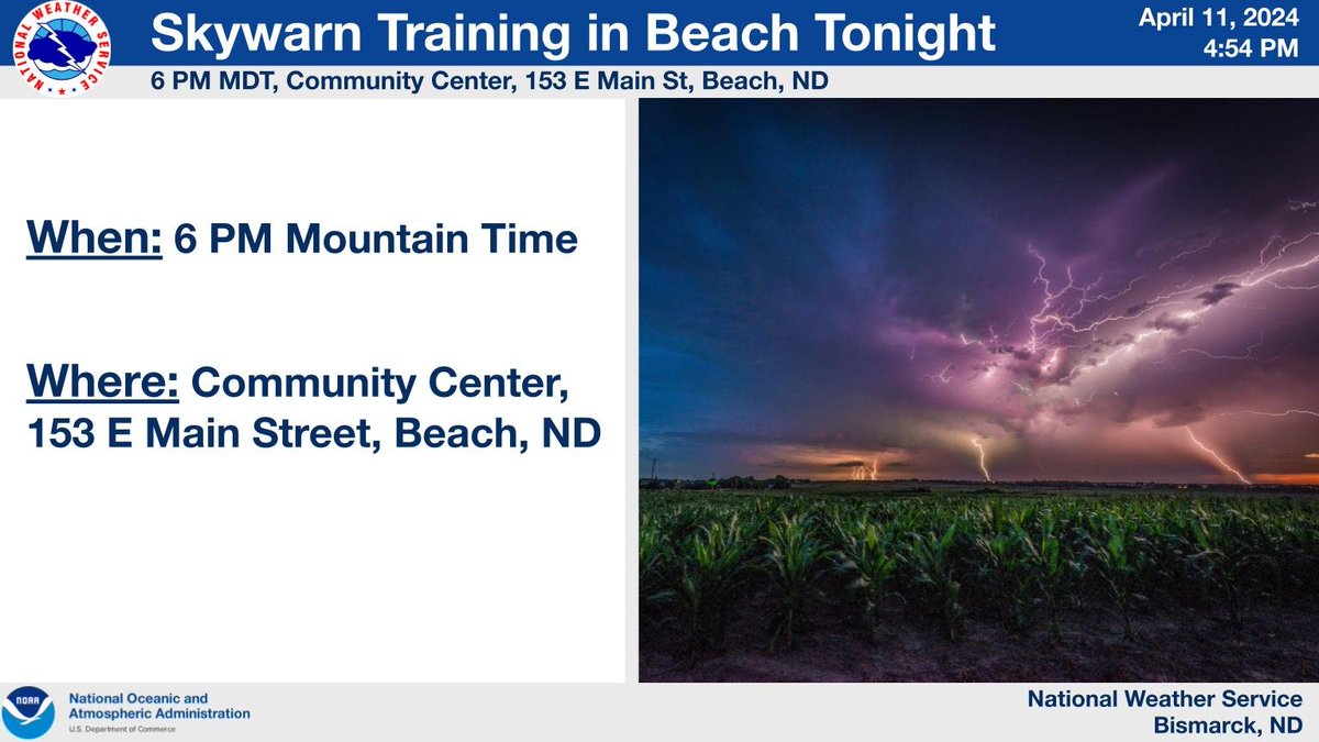 We have our Skywarn training for Beach tonight so if your in the area feel free to drop by. The training will start at 6PM Mountain time and the event will be held at the Community Center 153 E Main Street, Beach, ND. #NDwx