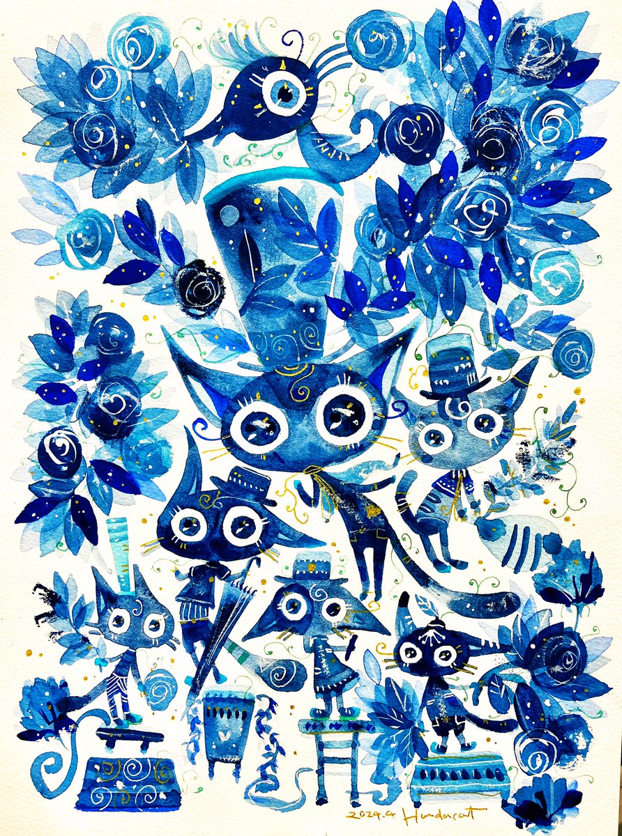 「三種の青絵の具のエチュード 」|ほんだ猫 (不思議風景と猫を描くぶるべり)のイラスト