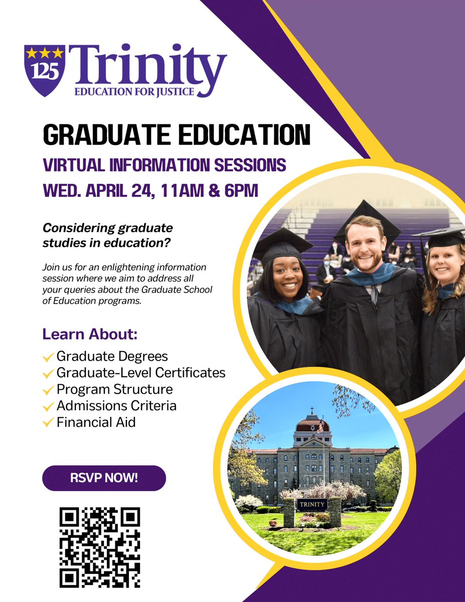 GET READY FUTURE EDUCATORS! Wed, Apr 24, 11am & 6pm tune in for a virtual information session for #TrinityDC's graduate education programs. buff.ly/4aLc0xL