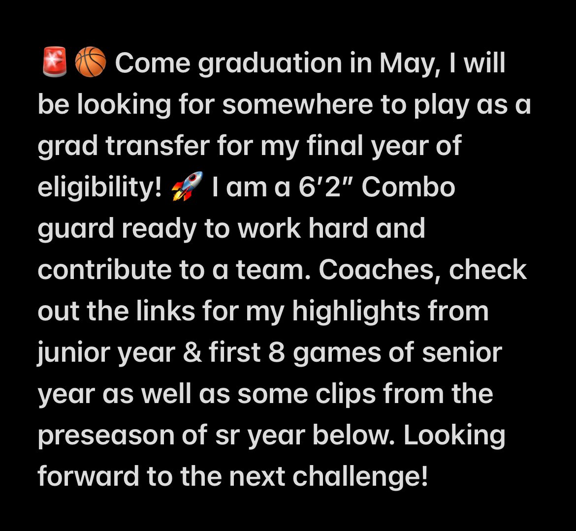 6’2” Grad Transfer Combo Guard🏀‼️‼️ 
Jr Yr Highlights (26 games started)
youtu.be/_Qbxc57PwSQ?si…
First 8 Games of Sr Yr (4/8 games started)
youtu.be/crpMFn3e6Uw?si…