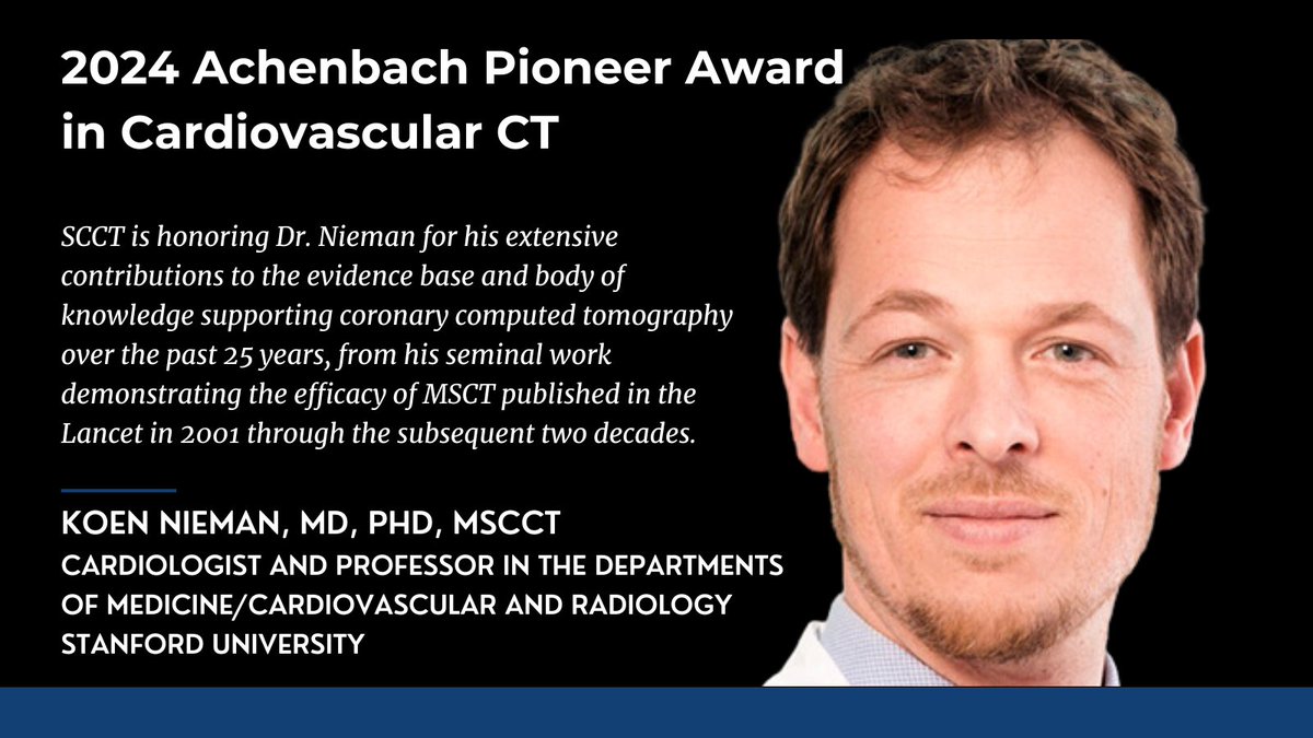 Congratulations Past President Dr. Koen Nieman🎉 on your SCCT Achenbach Pioneer Award + thank you for your landmark contributions and service over the past 2 decades, and for your commitment to excellence, research & education in the field. Learn more 🏆 scct.org/page/Achenbach…