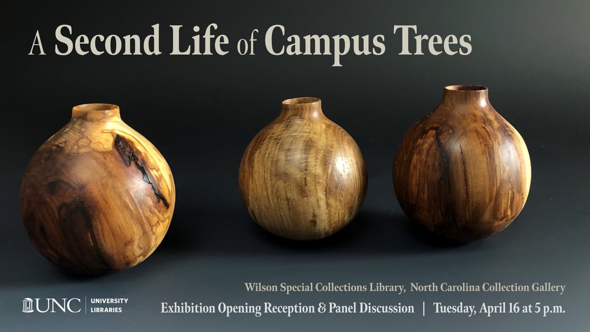 Join us on 4/16 for a panel on the new exhibition, “A Second Life of Campus Trees”, in the Pleasants Family Assembly Room in Wilson Library followed by a viewing of the exhibit in the North Carolina Collection Gallery. Find more information here: calendar.unc.edu/event/a-second…