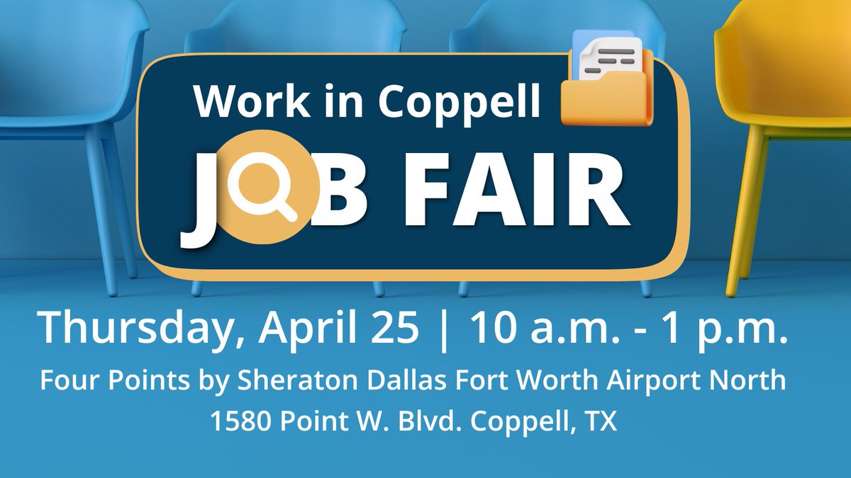 Are you, or someone you know, looking for a job in Coppell? Be sure to stop by the annual Work in Coppell Job Fair on Thursday, April 25, from 10 am - 1 pm! Businesses large and small will be looking to hire for a variety of roles. For more info, visit coppelltx.gov/civicalerts.