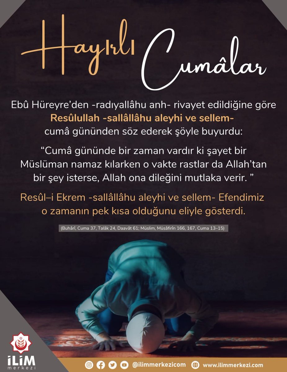 HAYIRLI CUMALAR.. Ebu Hüreyre'den -radıyallâhu anh- rivayet edildiğine göre Resulullah - sallâllâhu aleyhi ve sellem cumâ gününden söz ederek şöyle buyurdu : #Cuma #cumalar #hayırlıcumalar #Hadis #ismailağa