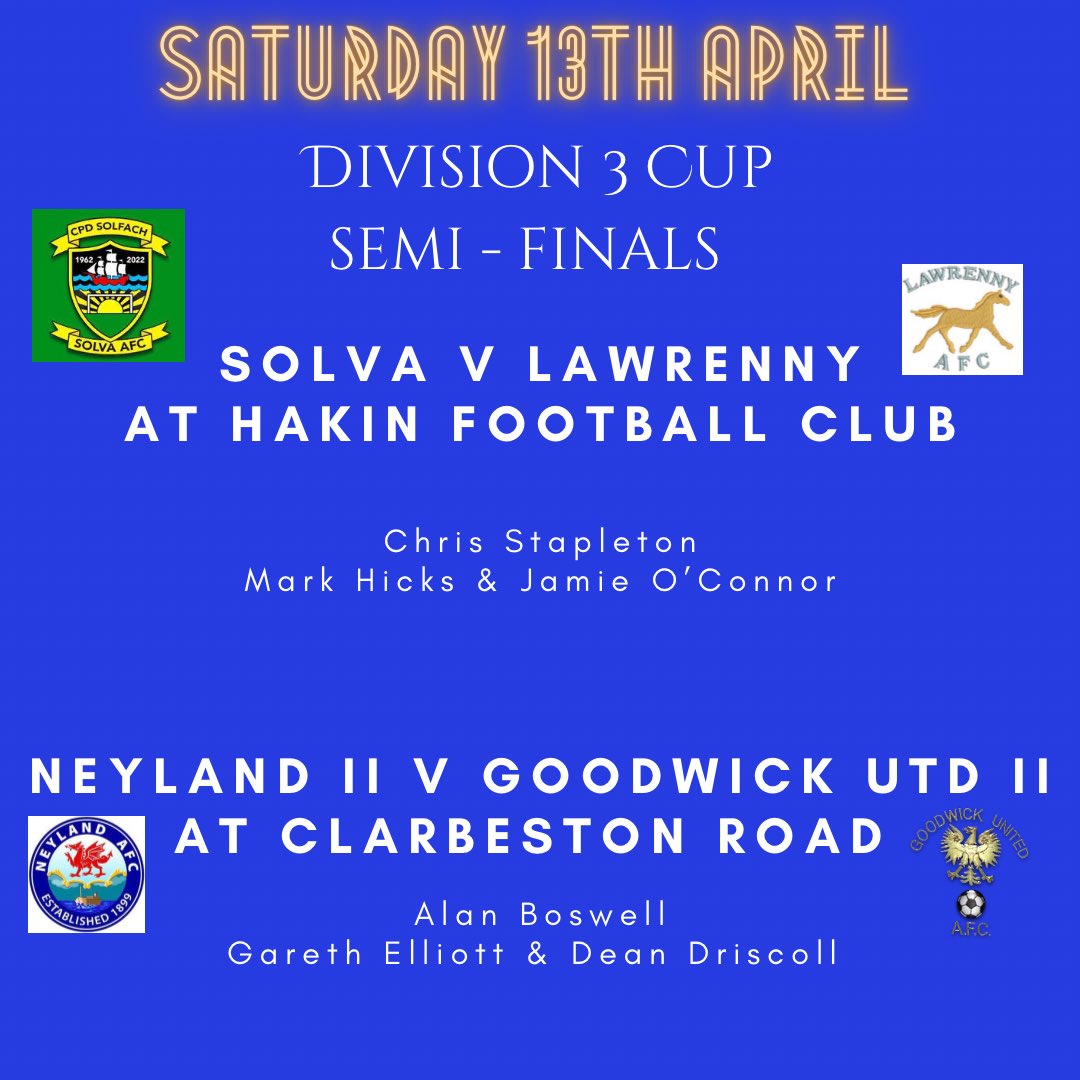Pembrokeshire Referees Society (@pembsrefs) on Twitter photo Another weekend of semi-finals. Plenty of experience with Chris and Alan in the middle. Two great teams in black; great experience for the boys!
Good luck to <a href="/SolvaAFC/">Solva AFC</a> and <a href="/LawrennyAFC/">Lawrenny AFC</a>, <a href="/neylandafc/">Neyland AFC</a> reserves and <a href="/GoodwickUtd/">Goodwick United AFC</a> reserves!
π βοΈ Another weekend of semi-finals. Plenty of experience with Chris and Alan in the middle. Two great teams in black; great experience for the boys!
Good luck to <a href="/SolvaAFC/">Solva AFC</a> and <a href="/LawrennyAFC/">Lawrenny AFC</a>, <a href="/neylandafc/">Neyland AFC</a> reserves and <a href="/GoodwickUtd/">Goodwick United AFC</a> reserves!
π βοΈ
