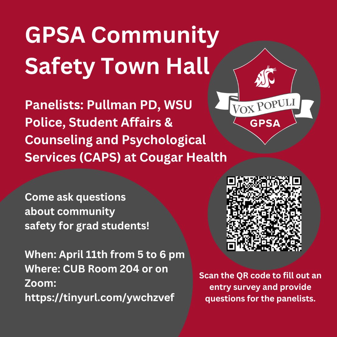 Do you have questions about our community and safety on WSU and Pullman? Well, today, April 11th, from 5 to 6 pm, in Room 204 of the CUB, GPSA will be hosting a Community Safety Town Hall Panel. We look forward to see you all there! #WSU #GoCougs #CampusSafety #Pullman