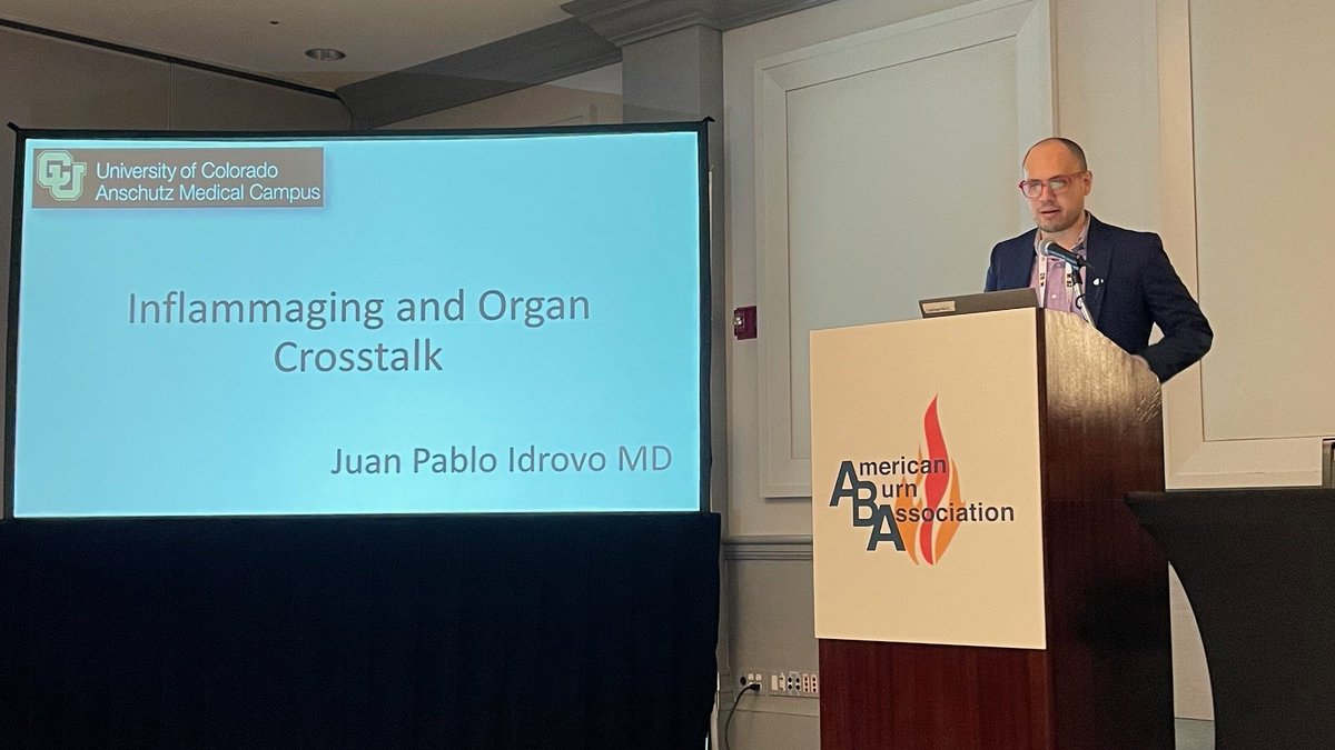 See Juan Pablo Idrovo, MD at the podium giving an innovative lecture at @Ameriburn on Inflammaging and Organ Crosstalk! @IdrovoLab @JP_Idrovo_MD @CUDeptSurg #ImproveEveryLife