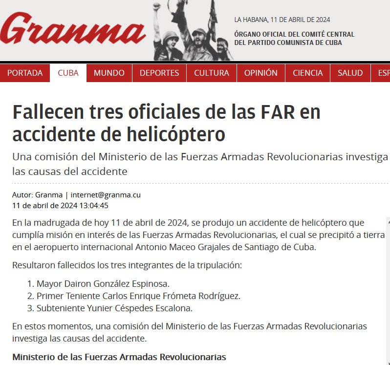 Nuestras condolencias a los familiares, compañeros y amigos del Mayor Dairon González Espinosa, del Primer Teniente Carlos Enrique Frómeta Rodríguez y el Subteniente Yunier Céspedes Escalona, por la pérdida de tan valiosos y jóvenes combatientes.