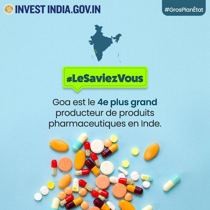 #Goa compte plus de 120 unités de production pharmaceutique, ce qui renforce le statut de l'#IndeNouvelle en tant que pharmacie mondiale.

Savoir plus: bit.ly/II-Goa
 
#GrosPlanÉtat #Saviezvous #InvestirEnInde @FranceinIndia @IndiaembFrance @JeanCASTEX @Elysee