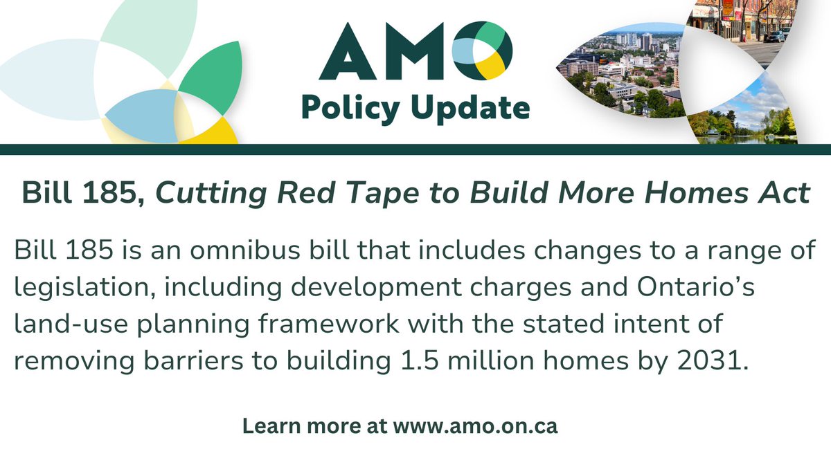 Yesterday, the government introduced the Cutting Red Tape to Build More Homes Act - an omnibus bill that includes changes to development charges, Minister's Zoning Orders, Ontario's land-use planning framework and more. Learn more: amo.on.ca/policy/land-us…