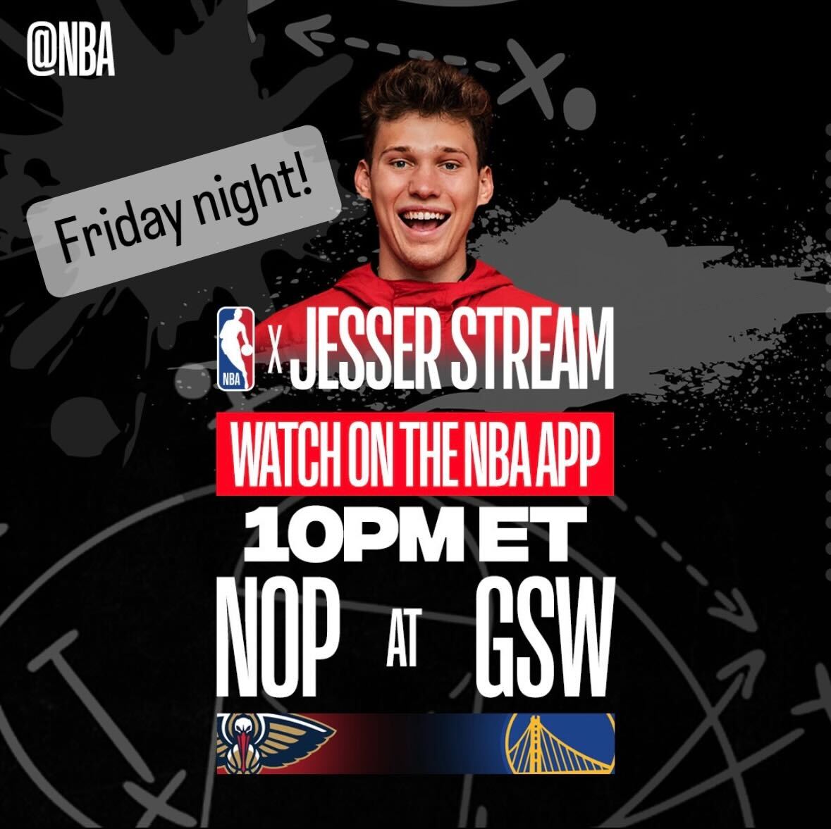 Come watch the NBA Jesser stream for FREE Friday night! All you need to do is sign up to be an NBA ID member (also free!) and you can join me and the boys and watch a crazy game: Pelicans vs Warriors... @NBA link.nba.com/JesserStream