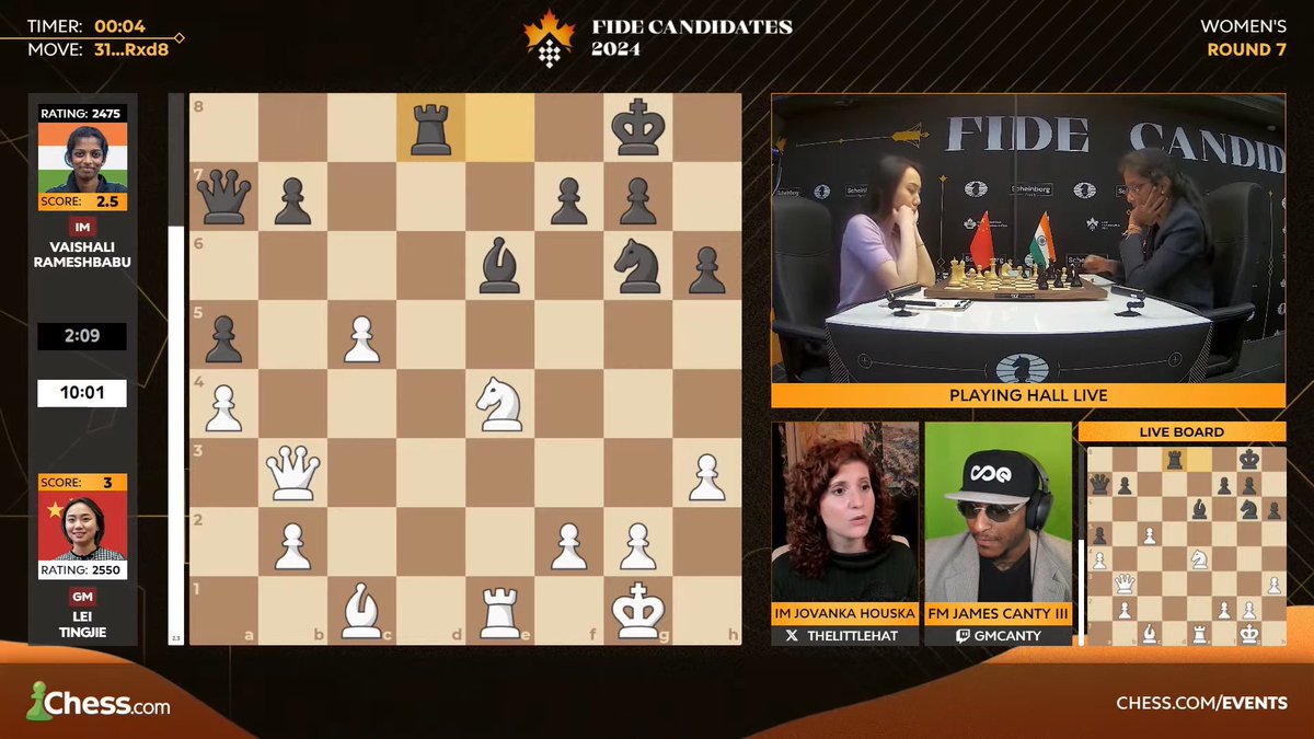 SHOCKING DECISION!
Vaishali plays the Botez Gambit Declined (!!): she didn't take Lei Tingjie's queen! She needed to take it! 🤯

twitch.tv/chess
#chess #womeninchess #FIDECandidates