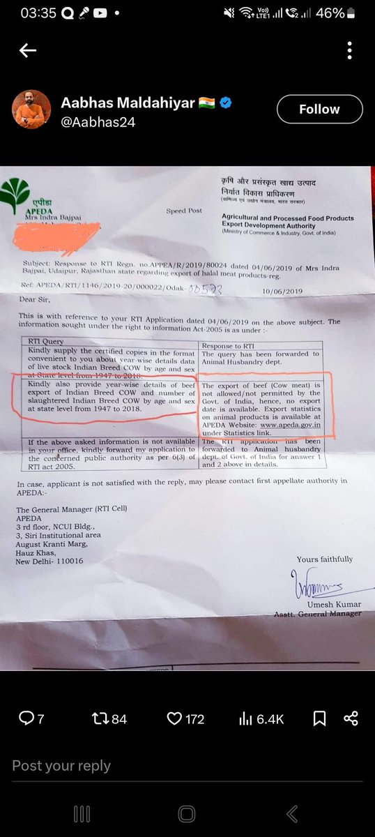 @gufranali29 @im_indian2101 @ChandanSharmaG India does not export cow meat, It's male buffalo meat which is exported, Please read the RTI reply in this regard in the screenshot !
