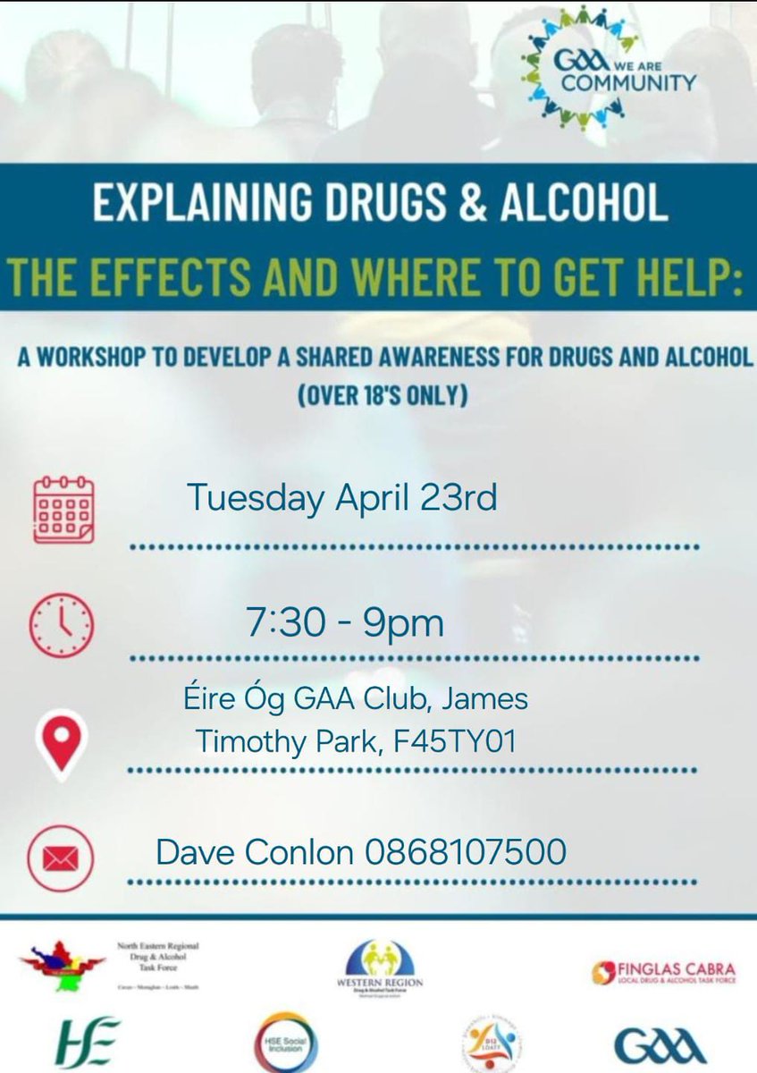 Éire Óg healthy club has organised an event on Tuesday 23rd April where we will have representatives of the GAA Drugs Task Force come to us at James Timothy Park at 7:30pm for a workshop to deliver a drugs & alcohol talk. Something we believe is very helpful and useful to know.