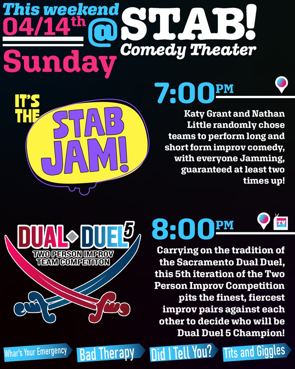 stabcomedy's tweet image. Hey Sacramento, we've got stuff this weekend and a whole bunch of it is improv! 
With two STAB Jams there's never been more chances to get on the stage and try improv yourself!