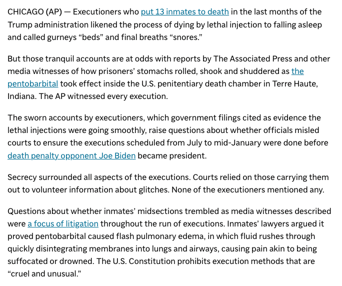 The AP's @mtarm witnessed every execution. He wrote about how what he witnessed was at odds from what the DOJ was claiming in court. apnews.com/article/execut…