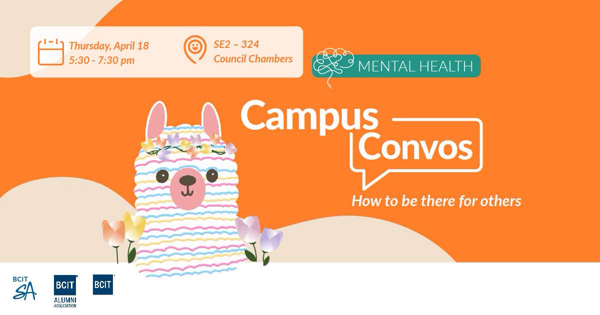 Attention: new grads and students! 

The BCITSA presents Campus Convos: How to be there for others. Join us tomorrow and learn more about how to support those around you.

Register: bit.ly/3Q0pGwb

#BCIT #BCITAlumni