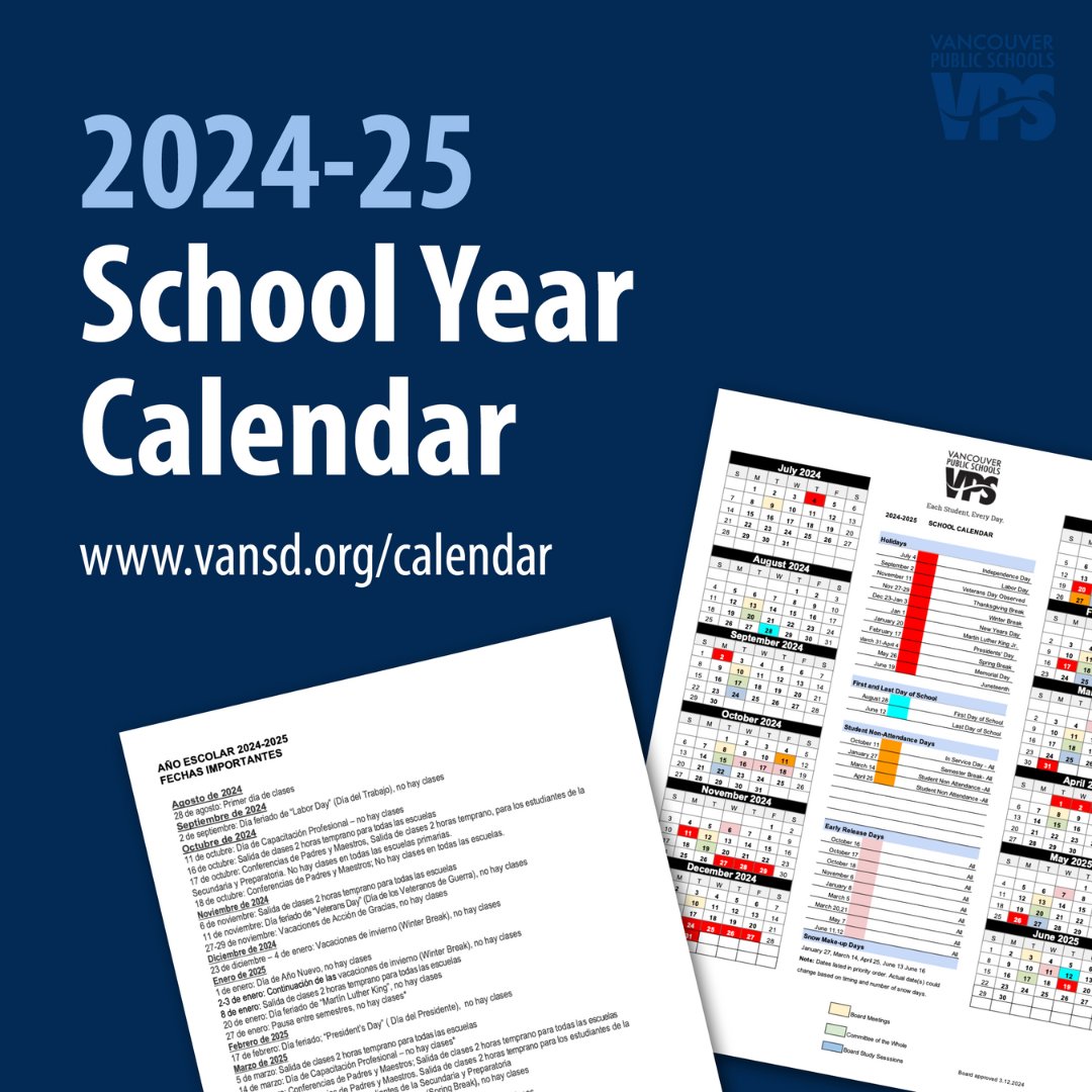The 2024-25 school year calendar is available! The calendar includes important dates such as winter and spring breaks, federal holidays, early dismissals, school board meetings, and parent-teacher conferences. 🔗 vansd.org/calendar (Español | Русский)