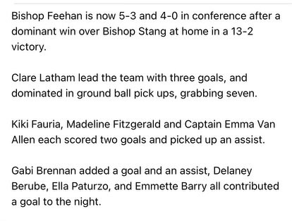 Some stats from yesterdays game against Bishop Stang☘️ 
Way to go ladies🥍‼️